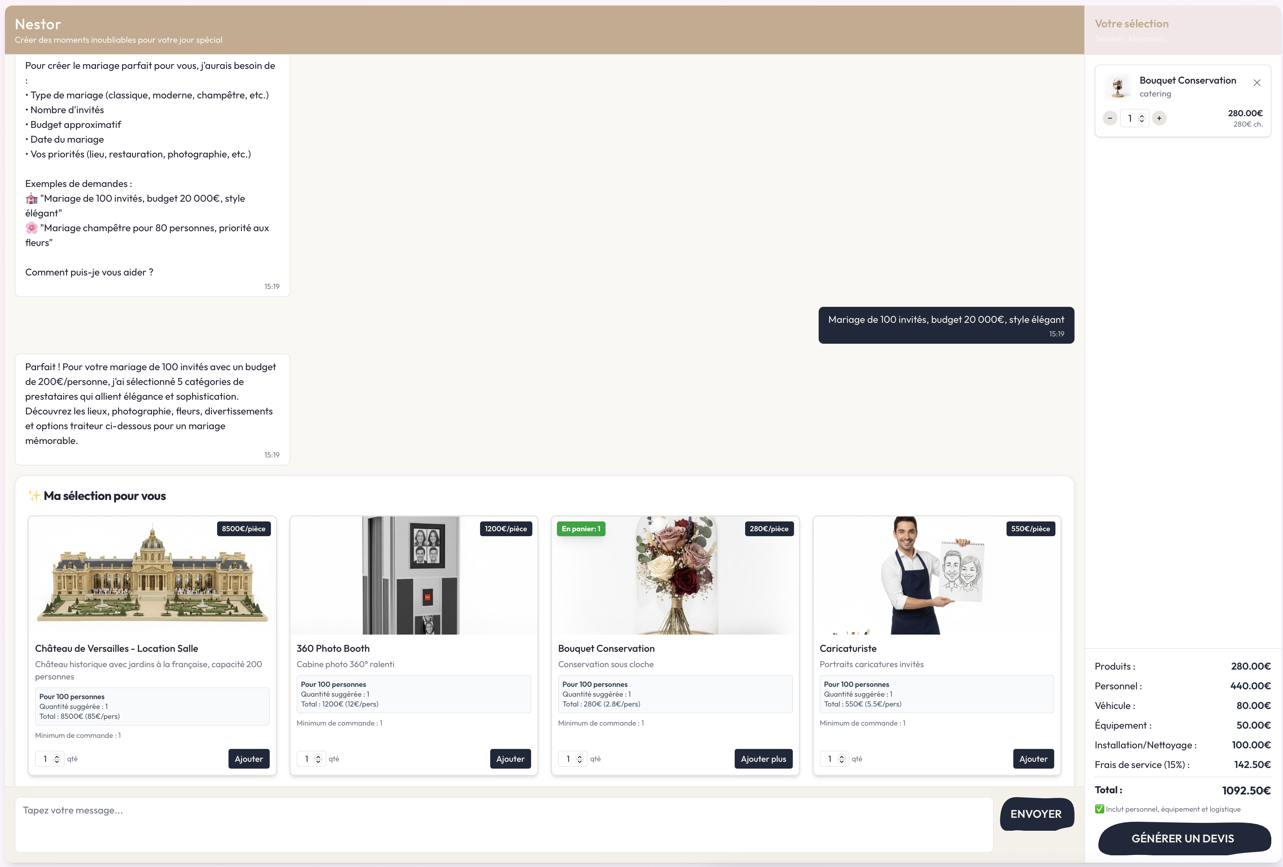 Interface de chat IA Nestor pour organisation de mariages